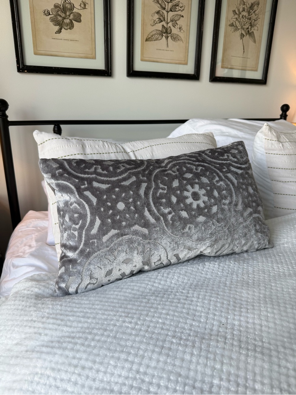 Gray Velvet Lumbar Pillow Silver Damask Decorative Throw Pillow